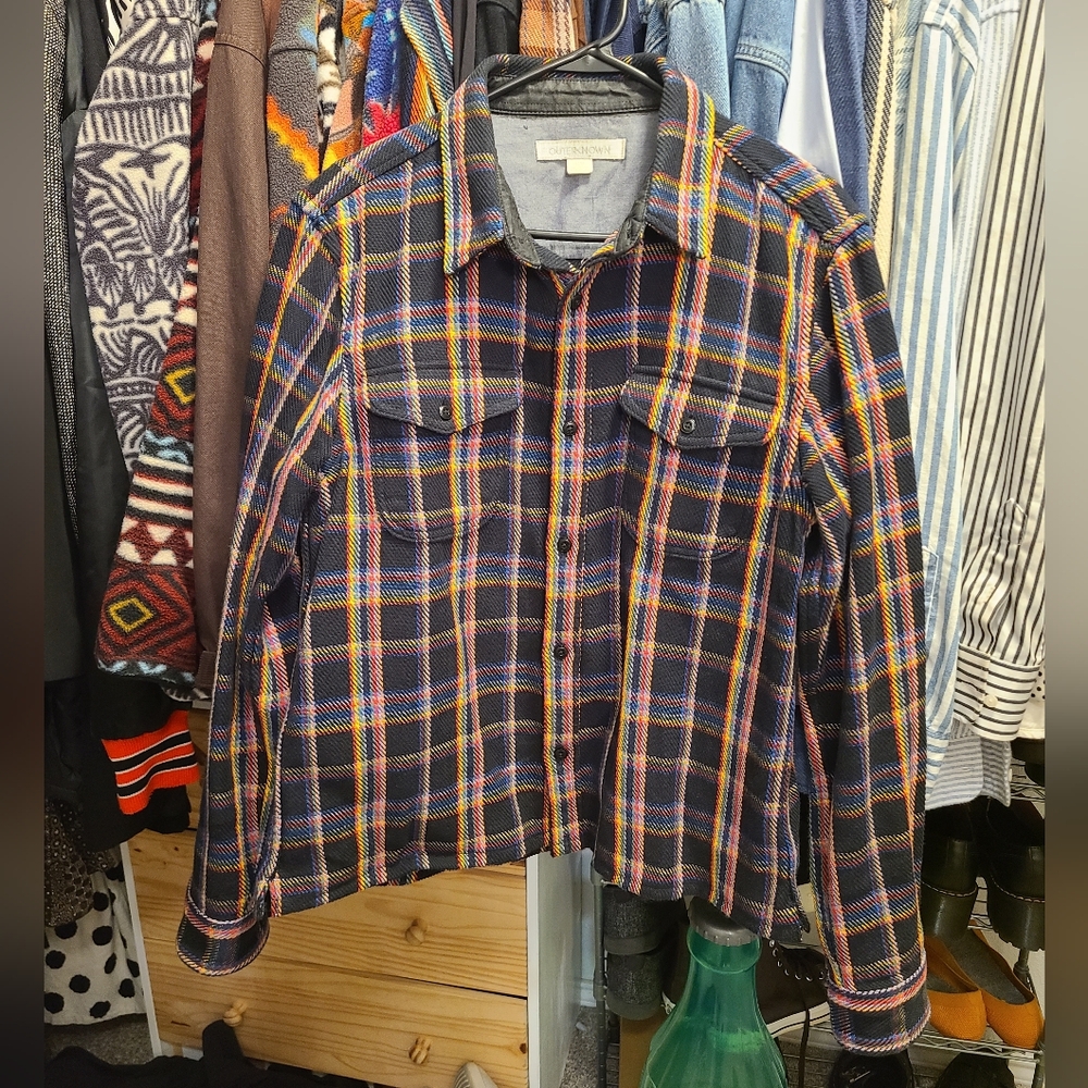 Outerknown Black Rainbow Plaid Blanket Shirt size M